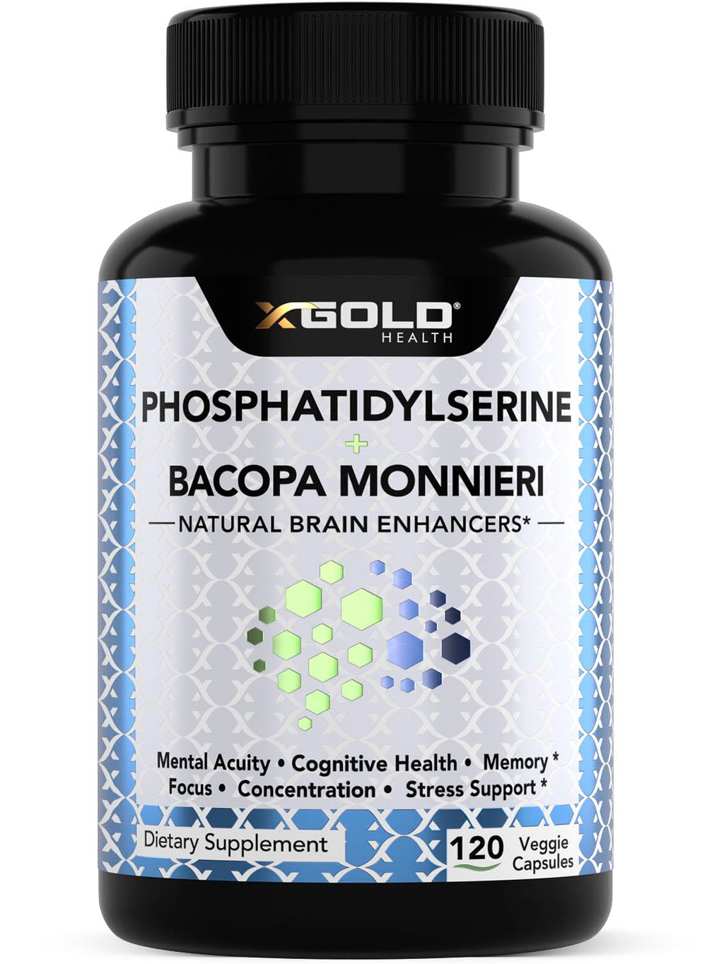 X Gold Health phosphatidylserine and Bacopa 800mg bottle supports daily focus.