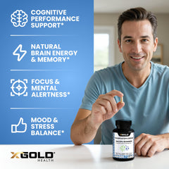 X Gold Health vegan-friendly bottle offers clean brain support.