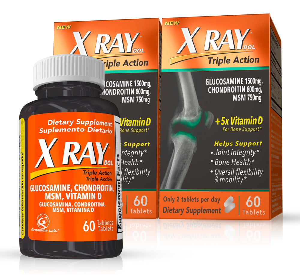 X Ray Dol Triple Action joint supplement bottle highlighting dosage for healthier joints and mobility