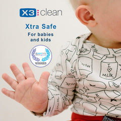 X3 Clean ingredient panel highlights benzalkonium chloride and safety.
