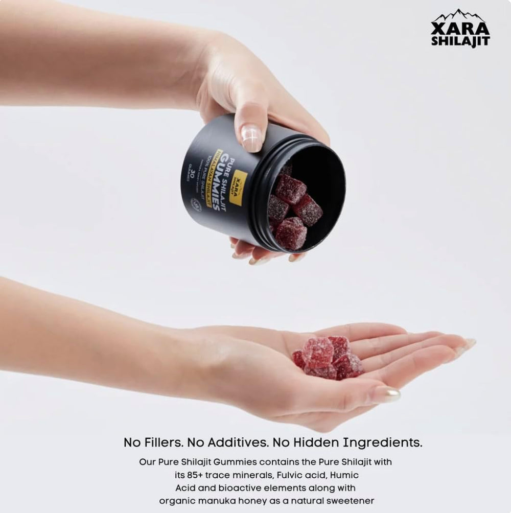 Xara Shilajit Gummies close-up highlighting Manuka honey sweetness