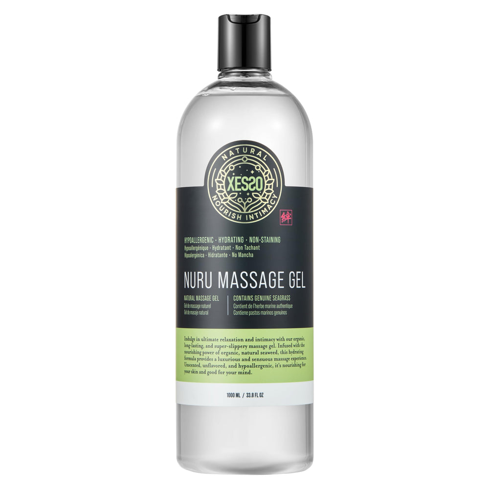 XESSO Nuru gel bottle with water-based glide for full-body massage.