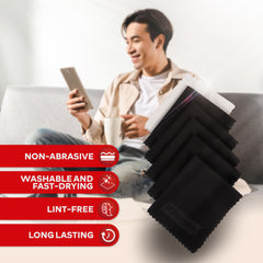 XFasten microfiber cleaning cloths used for lens cleaning, gentle lint-free care.