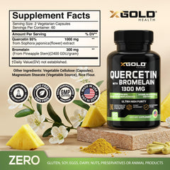 X Gold Health quercetin-bromelain capsules closeup highlighting vegetarian capsules