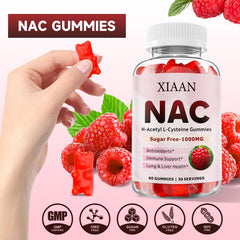 XIAAN NAC Gummies close-up shows chewy texture and raspberry aroma.