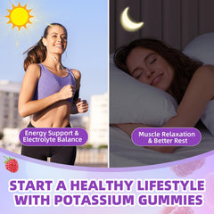 XIAAN potassium gummies bottle open reveals raspberry flavor and dosage.