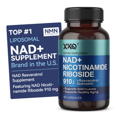 XKQ NAD+ supplement bottle front with liposomal formula for daily energy support.
