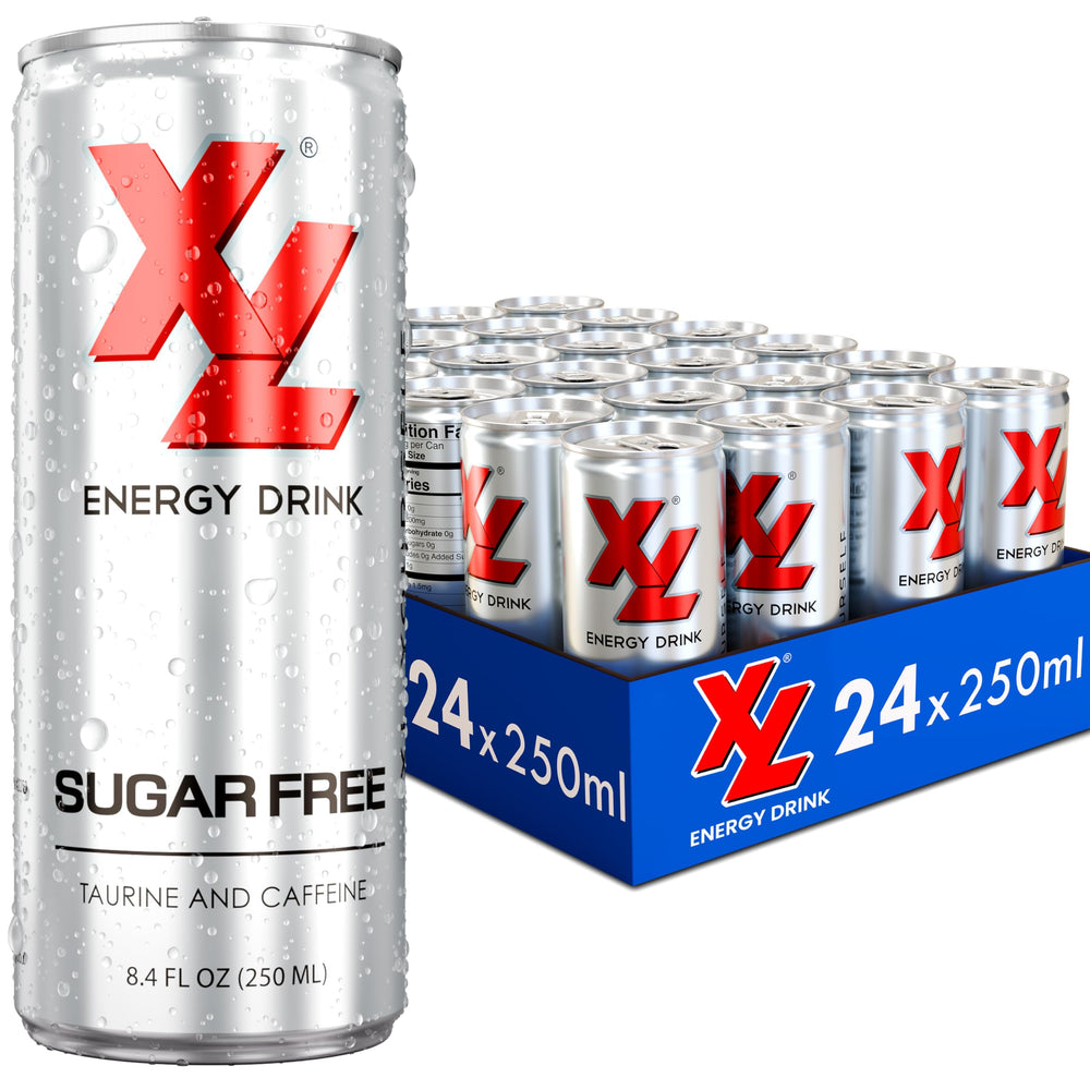XL Energy Drink Sugar Free can front view highlighting clean energy and focus.
