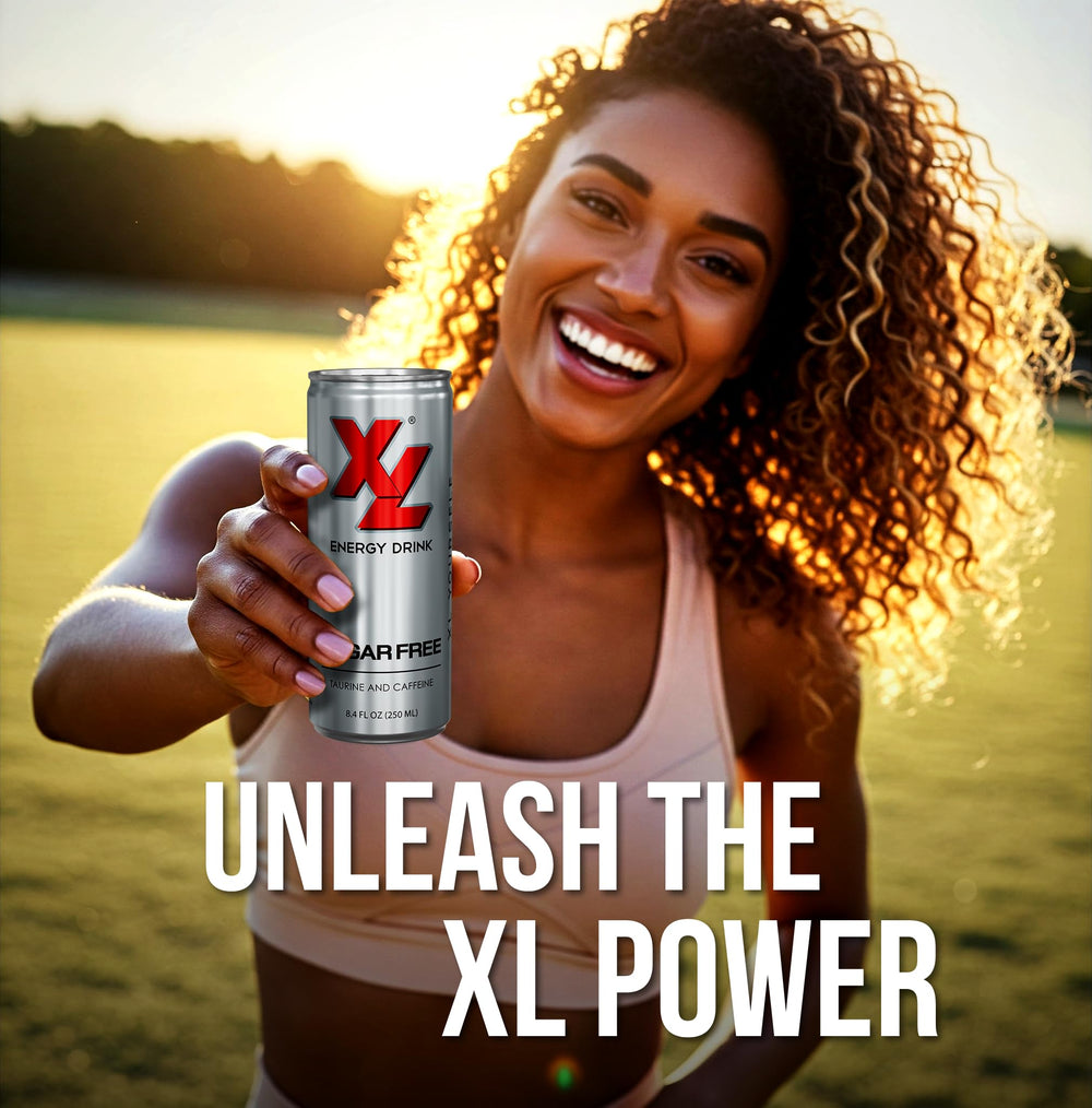 XL Energy Drink Sugar Free pour into glass showing refreshing, low-calorie energy.