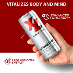 XL Energy Drink Sugar Free taurine ingredients label for mental clarity and endurance.