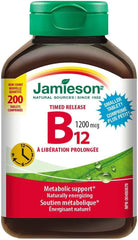 Jamieson B12 1200mcg tablets close-up showing compact timed-release design.