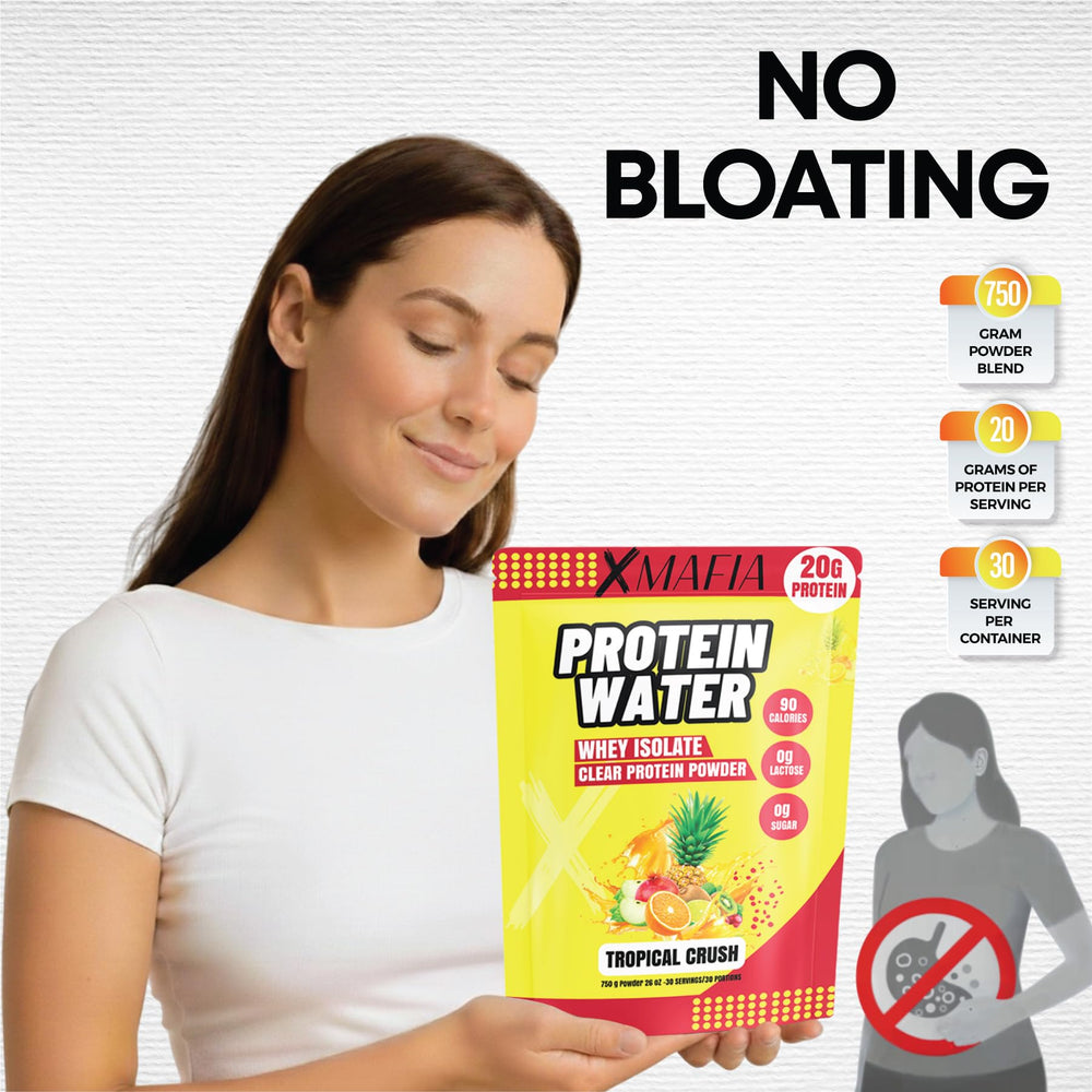 XMafia Protein Water packaging shows gluten-free and zero sugar details.