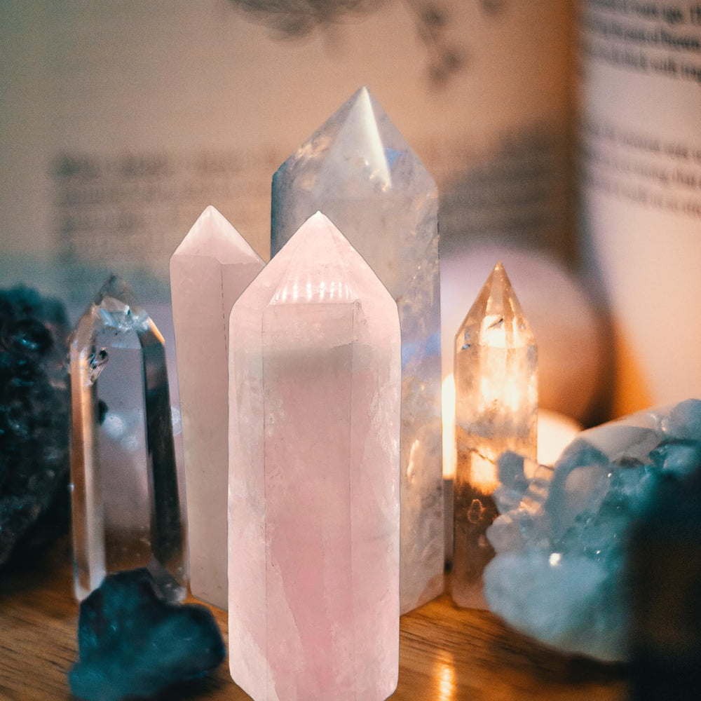 XMHOME rose quartz tower on nightstand creates soft, relaxing decor.