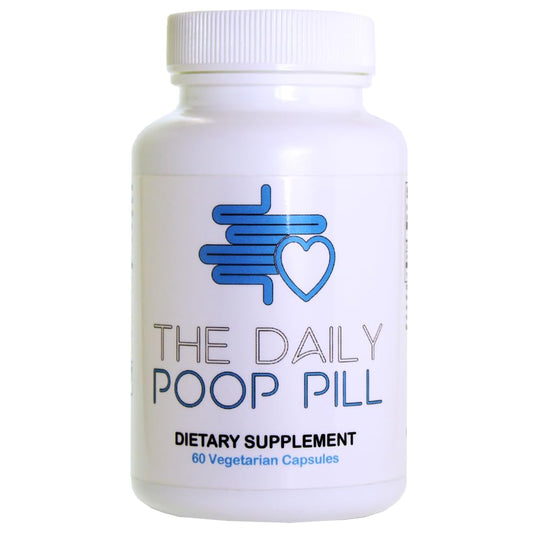 Xooma Daily Poop Pill bottle label highlights aloe-based gentle relief for daily digestion