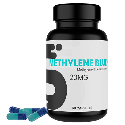 XP Methylene Blue capsules front label highlighting USP-grade quality