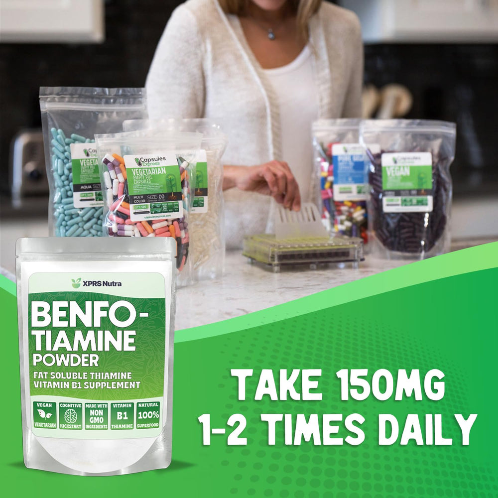 XPRS Nutra Benfotiamine vegan-friendly packaging emphasizes ethical, clean supplement.