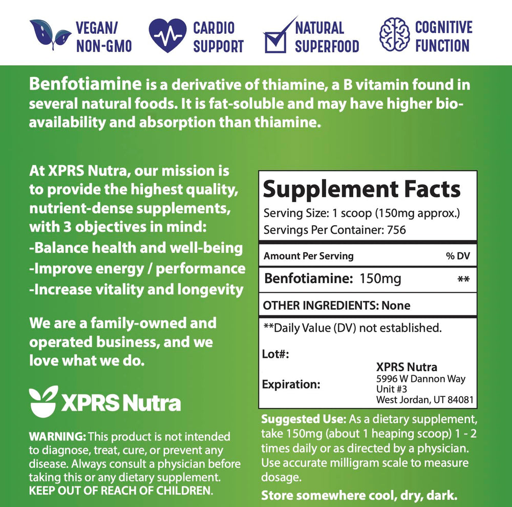 XPRS Nutra Benfotiamine Powder packaging scene, compact 4 oz jar for home use.