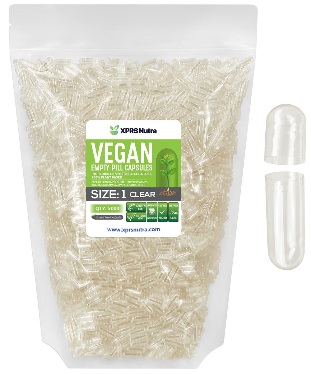 XPRS Nutra Size 1 clear vegan capsules visible for precise filling and customization