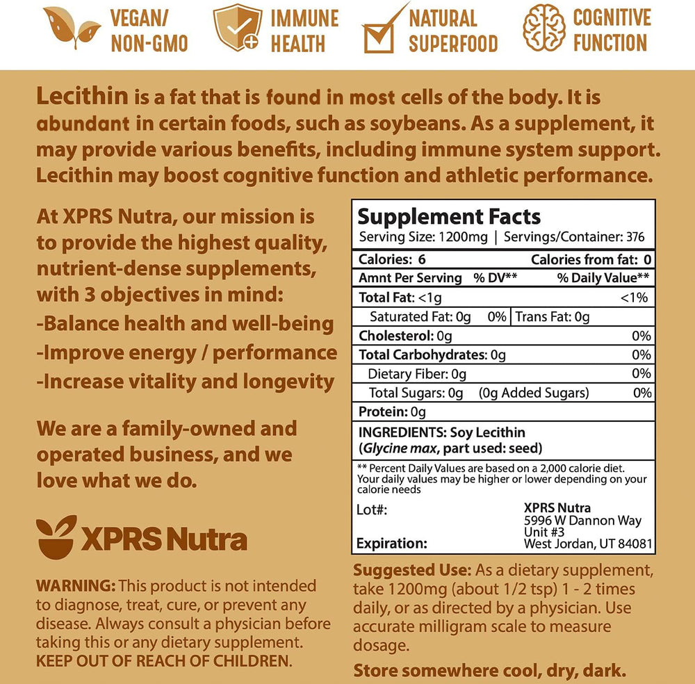 XPRS Nutra Soy Lecithin Powder ingredients list emphasizes clean sourcing and plant-based emulsifier.