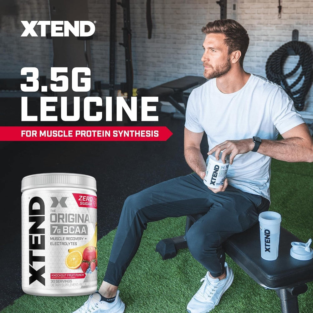 Xtend Original BCaa Powder label highlights electrolytes and a sugar free formula.