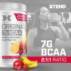 Xtend Original BCaa Powder shaker demonstrates mix-ready formulation for training.