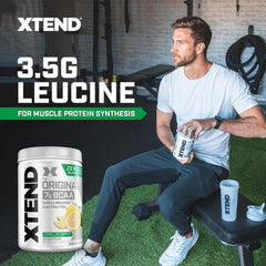 Xtend Original BCAA powder tub label highlights electrolytes and sugar free formula.