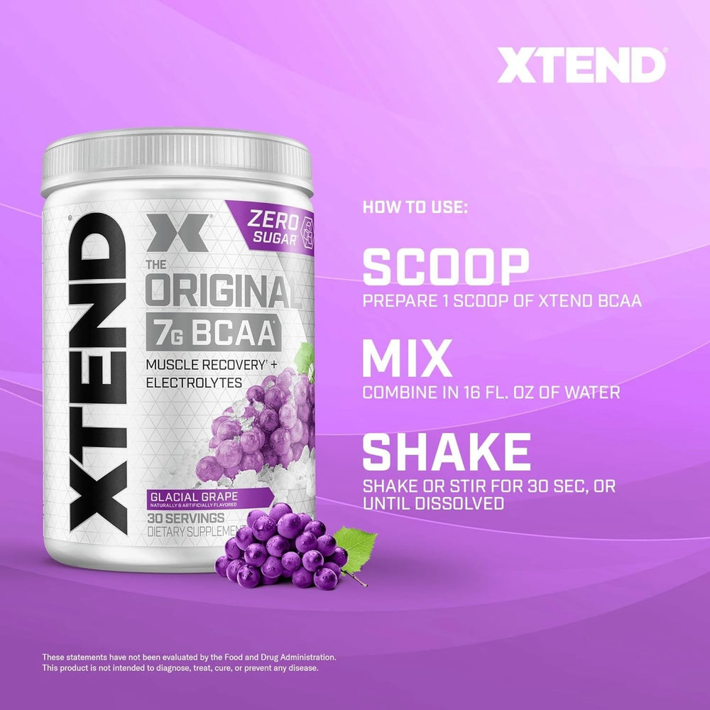 Xtend Original BCAA Glacial Grape bottle with label illustrating zero-sugar hydration.