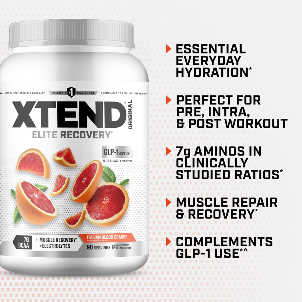 Xtend Original BCAA Powder flavor label emphasizes zero sugar and great taste.
