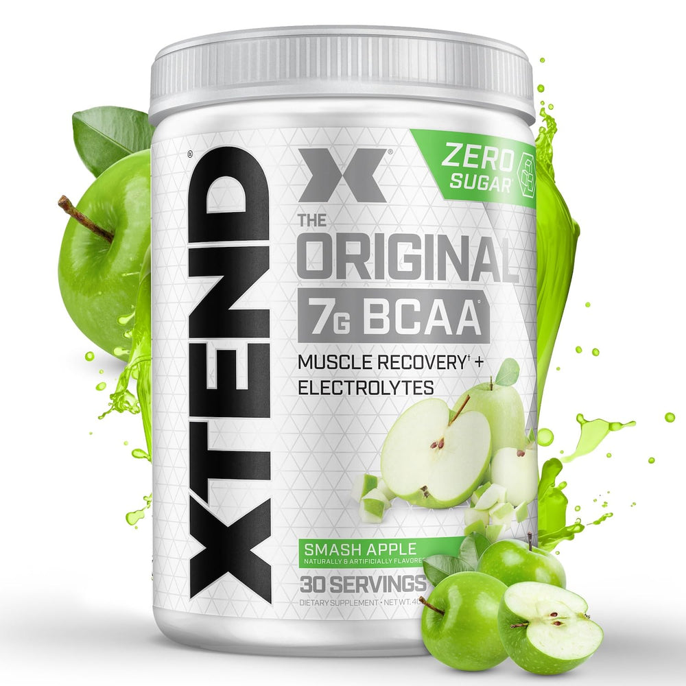 Xtend Original BCAA powder tub closeup showing the bottle and label details for intra-workout use.