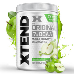 Xtend Original BCAA powder tub closeup showing the bottle and label details for intra-workout use.