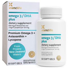 Xtendlife Omega3 DHA softgels for heart, brain, and eyes support with balanced fatty acids.