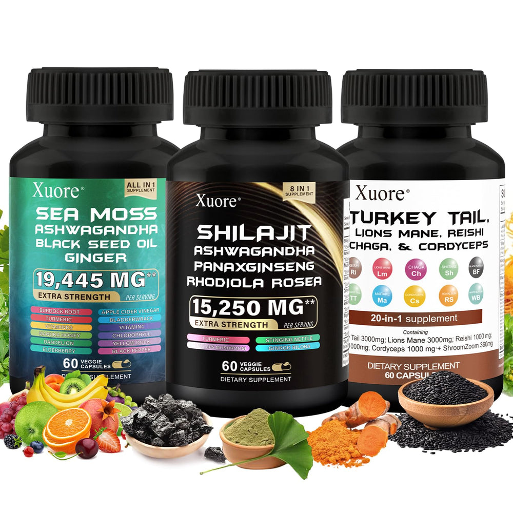 Xuore Shilajit Sea Moss bottle demonstrates a holistic daily wellness blend.