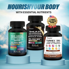 Xuore Shilajit Sea Moss capsules offer convenient daily use for sustained energy.