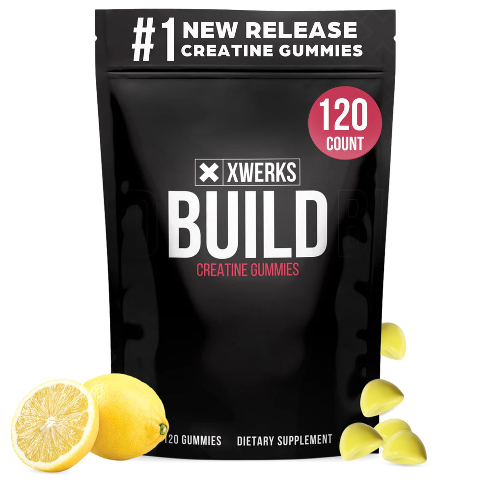 XWERKS Build Creatine Gummies bottle on gym bench, lemon flavor for workouts.