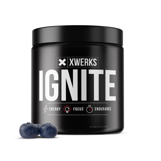 Xwerks Ignite blue razz powder tub ready for a clean pre workout energy boost