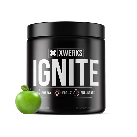 Xwerks Ignite Green Apple pre-workout powder ready to mix for focused training