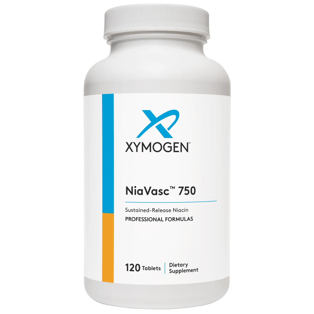 XYMOGEN NiaVasc 750 bottle front view highlighting sustained-release formula.