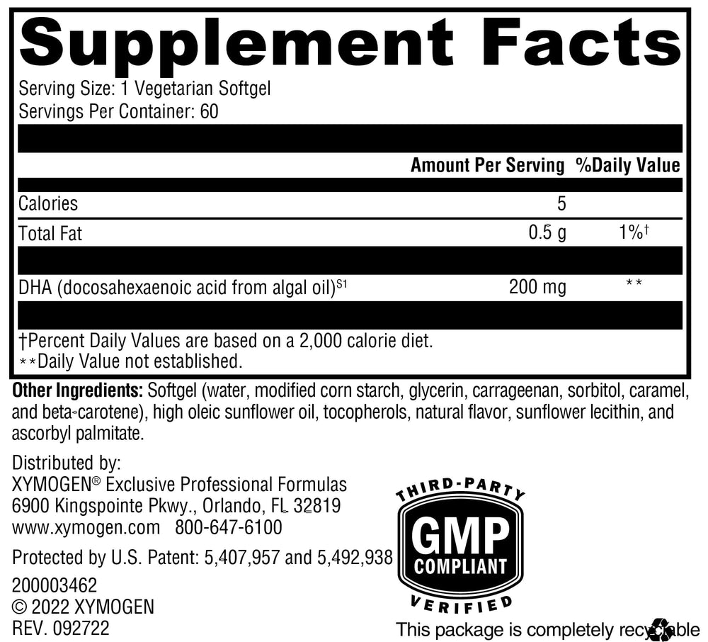 XYMOGEN DHA softgels closeup shows easy-to-swallow capsules for convenient daily use.