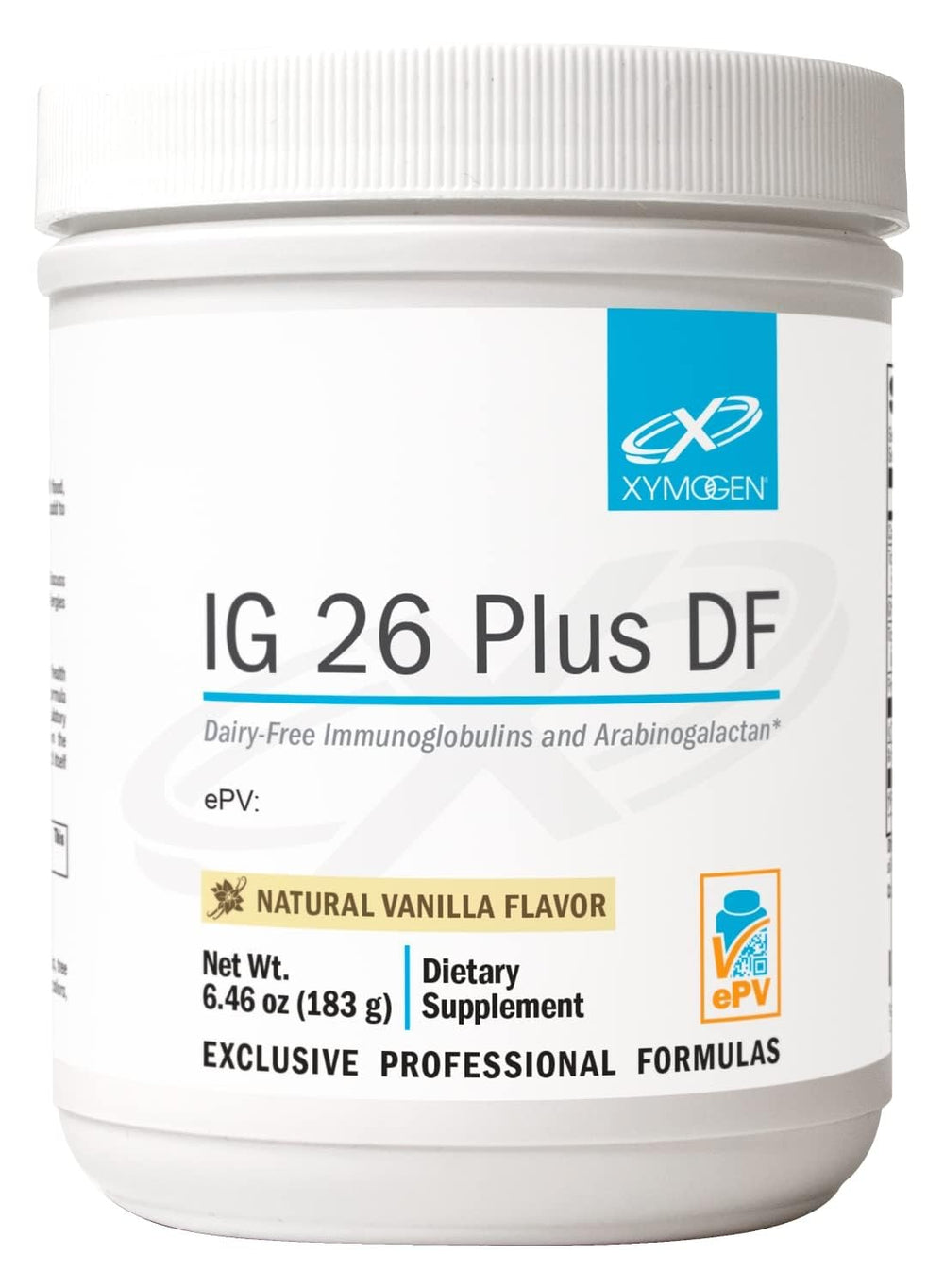 XYMOGEN IG 26 Plus DF bottle showing dairy-free immunoglobulins for gut support.