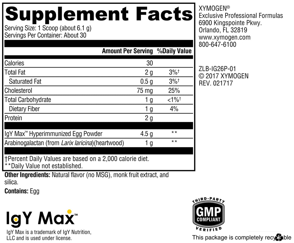 XYMOGEN IG 26 Plus DF powder jar highlighting IgY Max immune support.