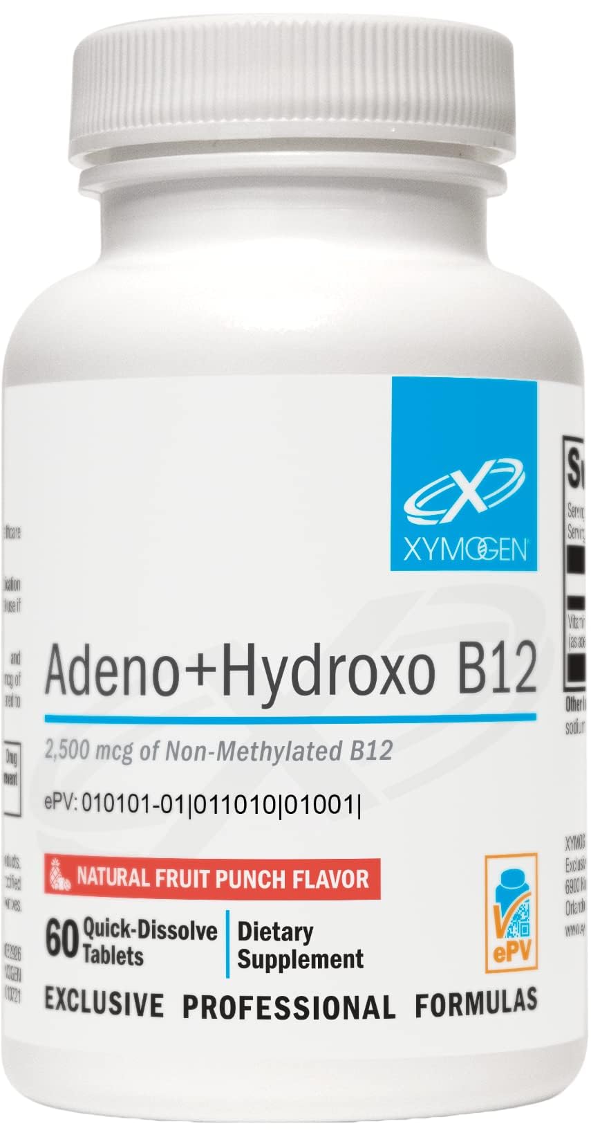 XYMOGEN Adenosyl + Hydroxocobalamin B12 lozenge bottle with fruit punch flavor for quick daily use.