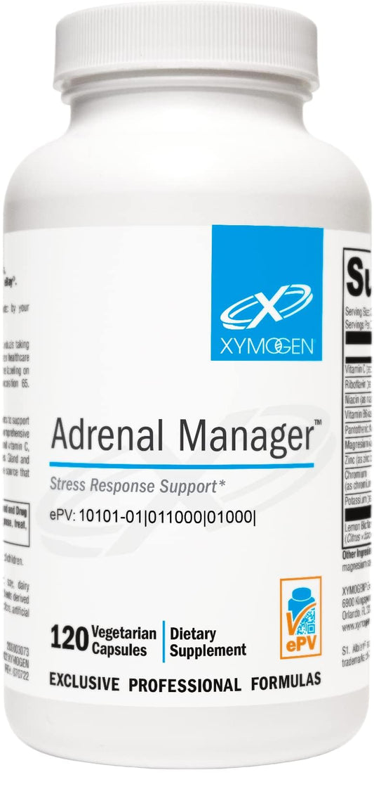 XYMOGEN Adrenal Manager bottle label highlighting daily support.