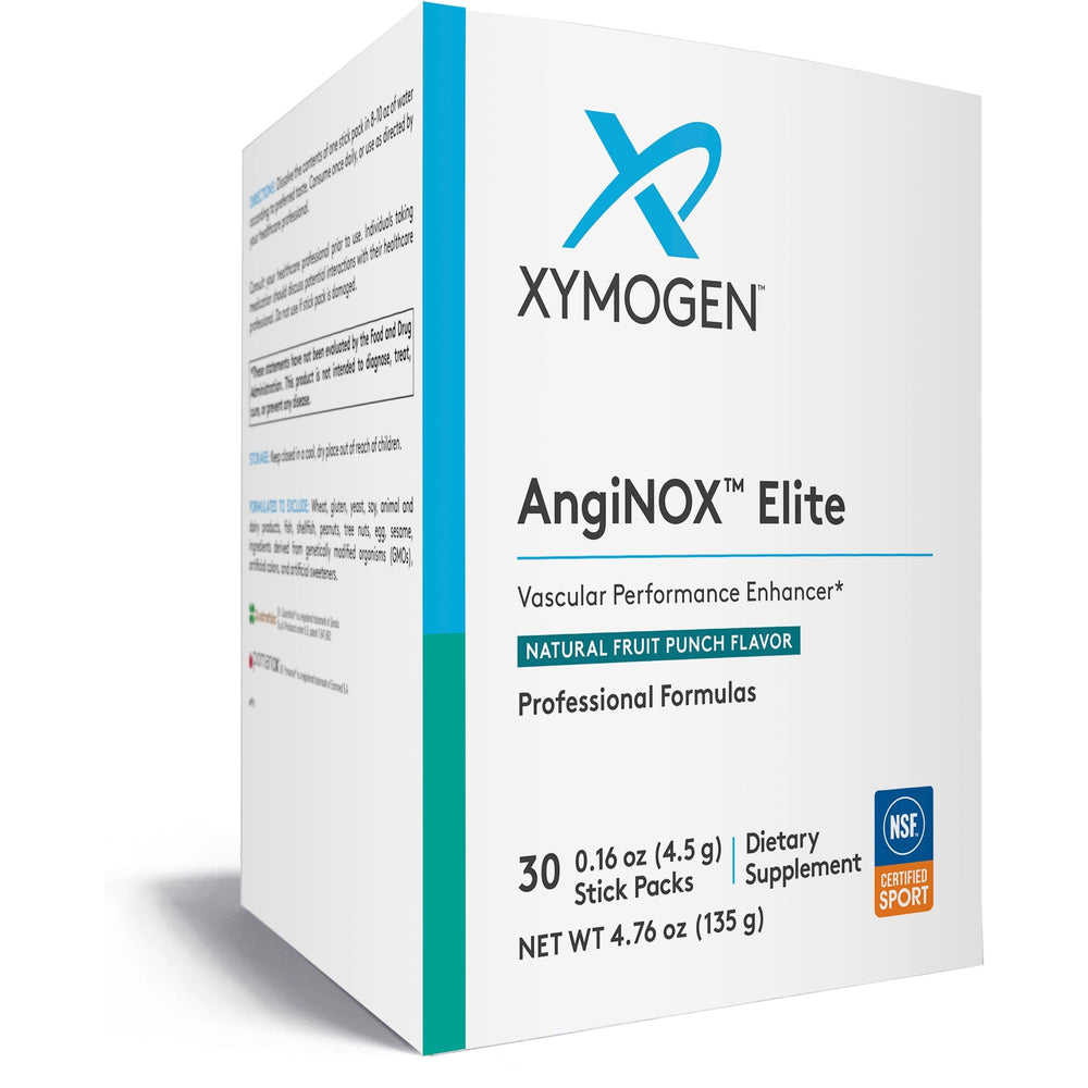 XYMOGEN AngiNOX Elite Fruit Punch stick pack, ready to mix for boosted blood flow support.