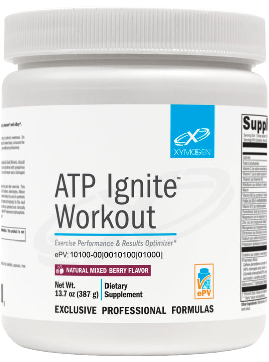 XYMOGEN ATP Ignite canister front view with berry flavor and energy-boosting formula.