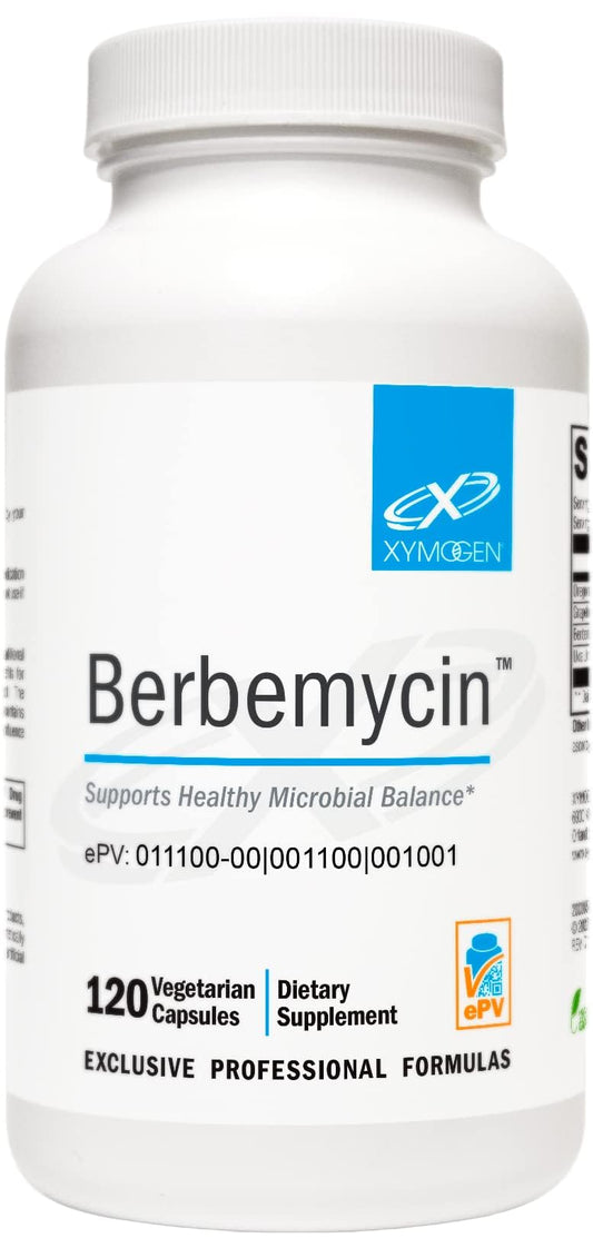 XYMOGEN Berbemycin bottle front with 120 capsules for GI balance