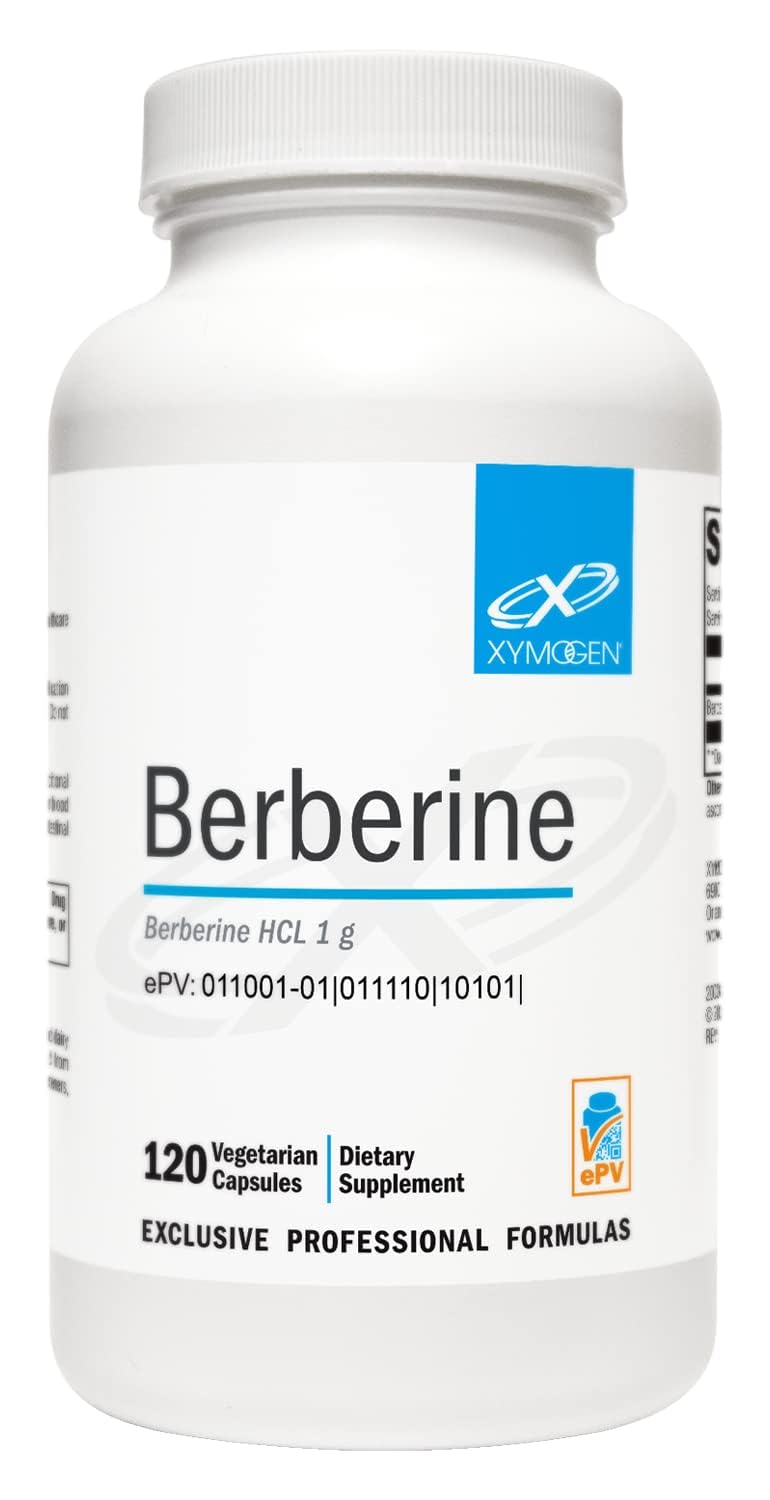 Xymogen Berberine HCL 1000mg bottle with capsules suggesting metabolic balance and digestive wellness.