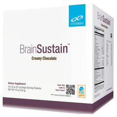 XYMOGEN BrainSustain bottle shows gluten-free, non-GMO protein blend.