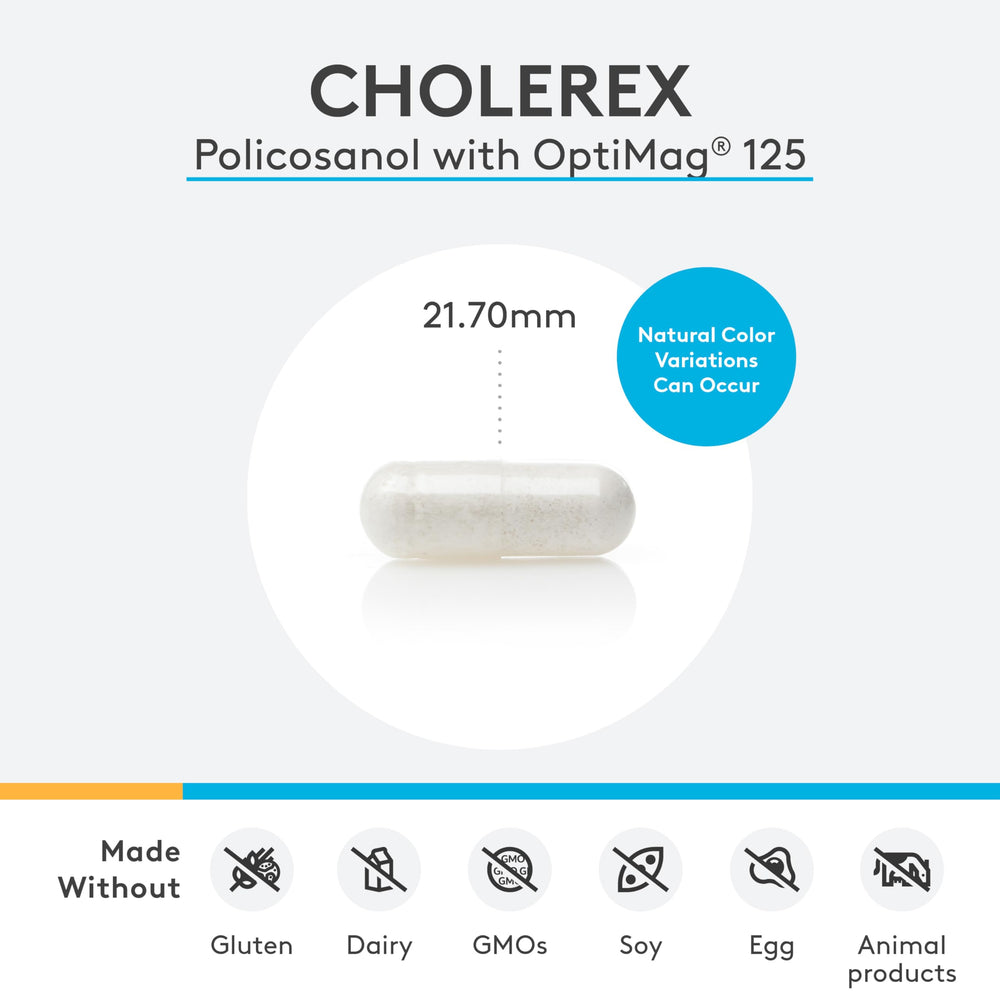 XYMOGEN CholeRex bottle label highlighting policosanol and magnesium chelates.