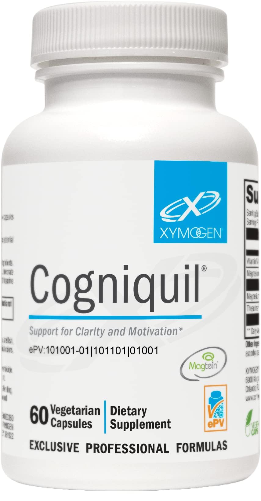 XYMOGEN Cogniquil bottle front view, non-GMO, gluten-free brain support.