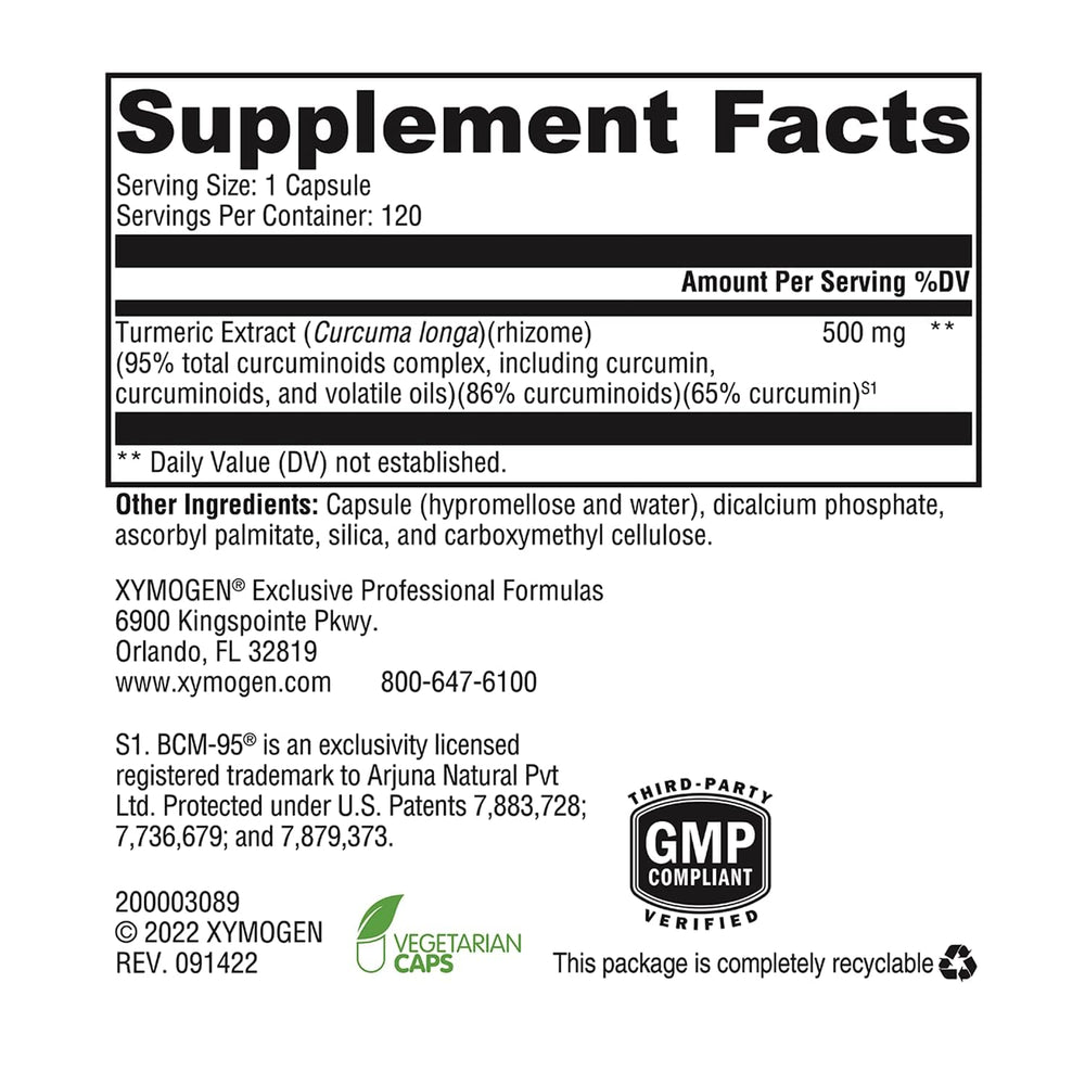 XYMOGEN CurcuPlex-95 bottle label close-up highlighting the BCM-95 formula.